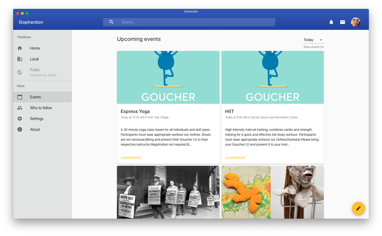 Events feature in Gopherdon app